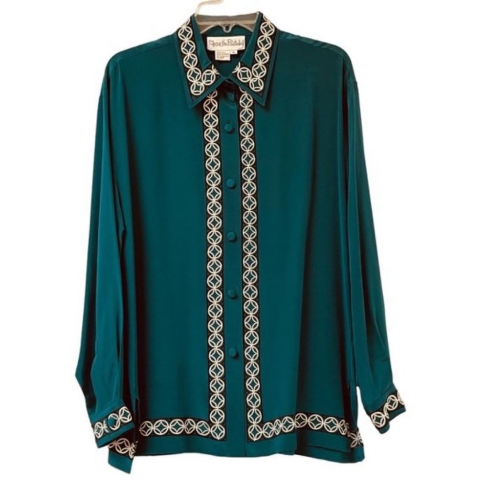 Diane Von Furstenberg Teal Blouse with Cream Trim